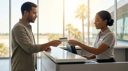 Customer handing a credit card to an agent at a car rental desk in Texas