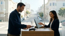 Customer presenting a credit card to an agent at a car rental desk in San Francisco