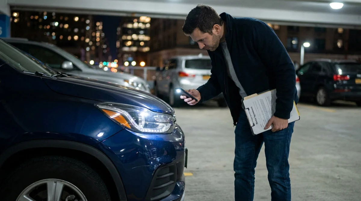 Person using a smartphone flashlight to photograph a car rental at night in New York
