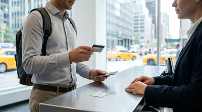 Person handing a credit card and documents to a clerk at a car hire desk in New York