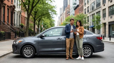 A person loading luggage into the trunk of a car rental on a New York street