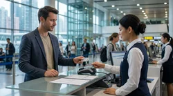 Close-up of a person handing a credit card to a car rental agent in New York