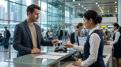 Close-up of a person handing a credit card to a car rental agent in New York