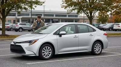Person reviewing car rental paperwork on the hood of a vehicle parked in Pennsylvania