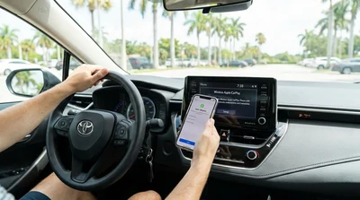 Driver using Apple CarPlay on a car rental dashboard screen with sunny Florida visible through the windshield