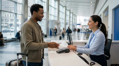 Traveler handing a credit card to an agent at a car rental counter in New York