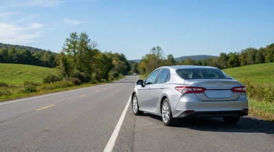 A white car rental driving on a highway toward the New York City skyline