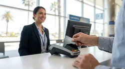Customer handing a credit card to an agent at a car hire desk in California