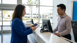 Person handing travel documents to a desk agent at a car rental counter in California