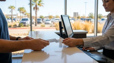 Close up of a hand passing a credit card to an agent at a Texas car rental counter
