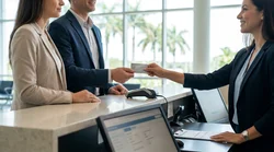 Customer handing a credit card to an agent at a car rental desk in Florida