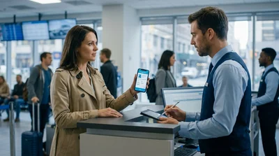 Person holding a smartphone showing a digital driving licence at a New York car rental counter