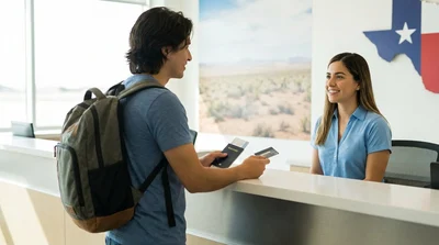 Close up of a traveler holding a credit card at a car hire desk in Texas
