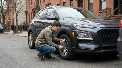 Person checking the tire condition of a car rental parked on a New York street