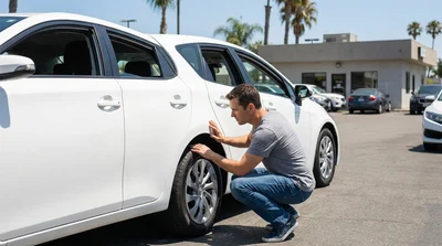 Woman inspecting the exterior of a silver car rental parked on a sunny street in California