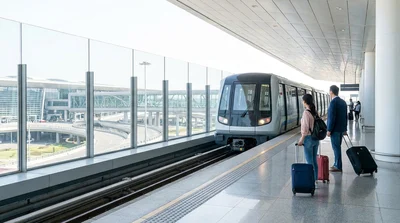 Travelers with luggage walking under AirTrain and car rental signs at JFK Terminal 1 in New York