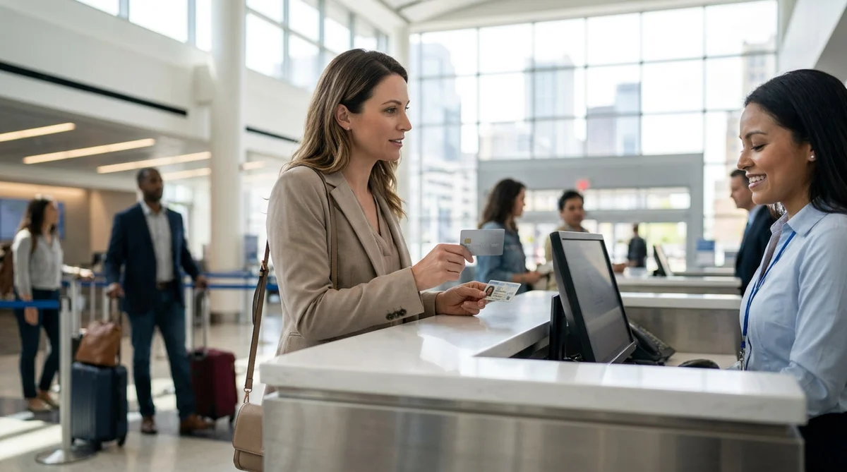 Close-up of a person holding a physical credit card at a car rental desk in New York
