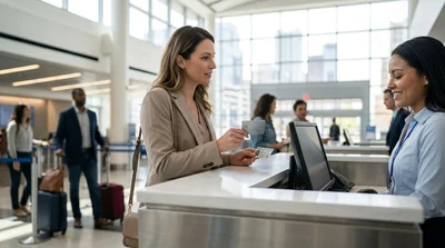 Close-up of a person holding a physical credit card at a car rental desk in New York