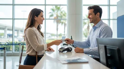 Customer handing a physical credit card to an agent at an Orlando airport car rental desk