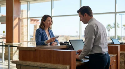 Customer handing a credit card to an agent at a bright car rental counter in Texas