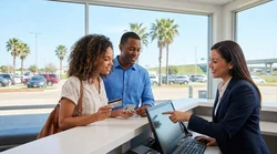 Customer handing a credit card to a staff member at a car rental counter in Texas
