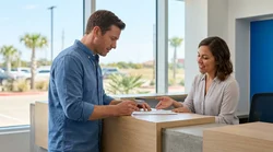 Customer signing documents at a car rental desk in Texas