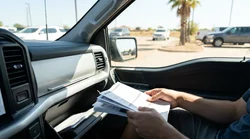 Driver checking documents in the open glovebox of a car rental in Texas