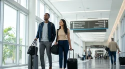 Travelers with luggage walking toward the car rental desks at Orlando airport Terminal B