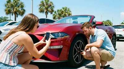 Person using a smartphone to photograph a car rental in a sunny Florida parking lot