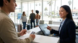 Customer handing an ID card and passport to an agent at a California car rental desk