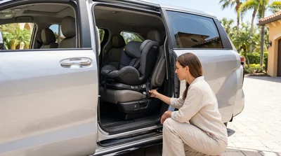 Child safety seat secured in the back seat of a Florida car rental parked on a sunny street