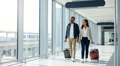 Travelers with luggage walking through a San Francisco airport terminal toward the car rental center