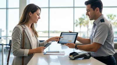 Person holding a driver's license while typing on a laptop at an Orlando car hire desk