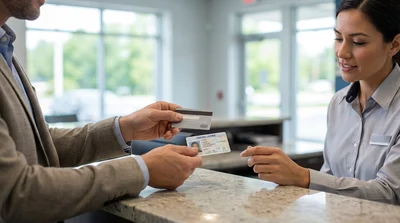 Person presenting a credit card and driving licence at a Pennsylvania car hire desk
