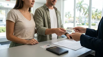 Two people showing a photo ID to an agent at a bright car rental counter in Miami