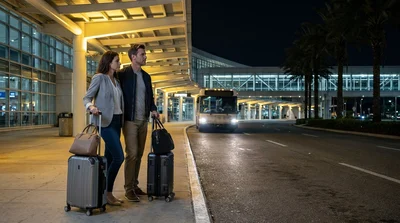 Traveler rolling luggage toward an illuminated car hire desk at Orlando airport at night