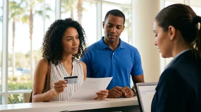 Woman handing a credit card to a staff member at an Orlando car rental desk