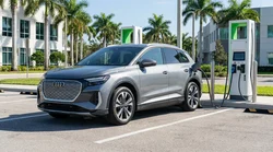 White electric car rental plugged into a charging station under palm trees in Florida