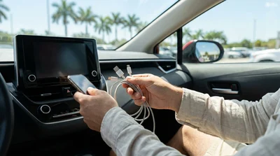 Driver plugging a phone charging cable into the USB port of a Florida car rental