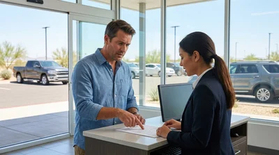 A customer inspecting the fuel tank cap of a white sedan at a car rental lot in Texas