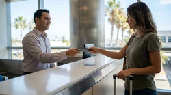 Traveler holding a passport and keys next to a car rental vehicle in California