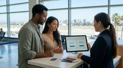 A customer receiving keys from an agent at a car hire counter in the United States