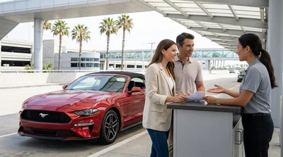 Person opening the door of a premium car rental in a sunny California parking lot