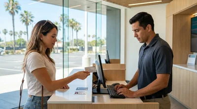 Customer handing a credit card to an agent at a car hire counter in Los Angeles