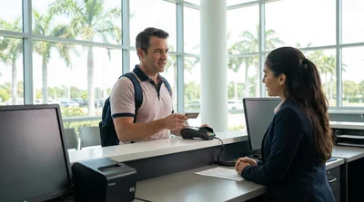 Close-up of a customer handing a credit card to an agent at a car hire desk in Florida