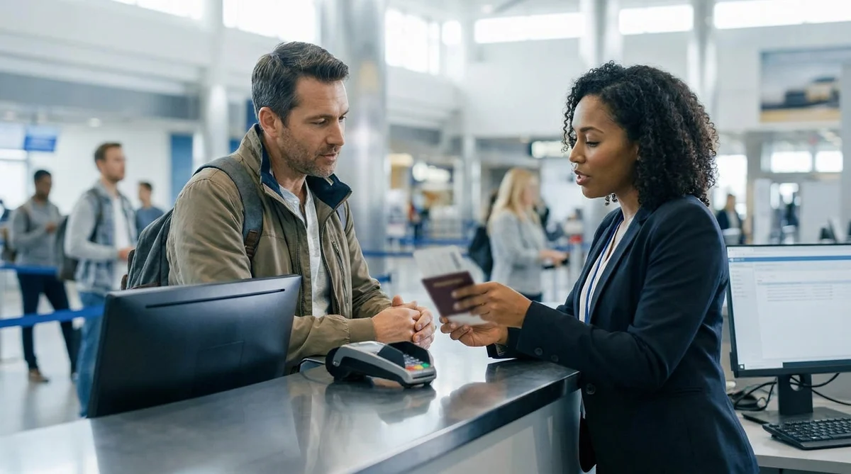 Person pointing to a name on an open passport at a New York car rental counter