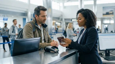 Person pointing to a name on an open passport at a New York car rental counter