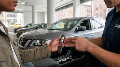 Person holding a key fob next to a car rental vehicle on a New York street
