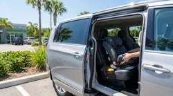 Close-up of a child safety seat secured in the back of a car hire in Florida