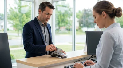 Close-up of a customer handing a credit card to an agent at a Pennsylvania car hire desk